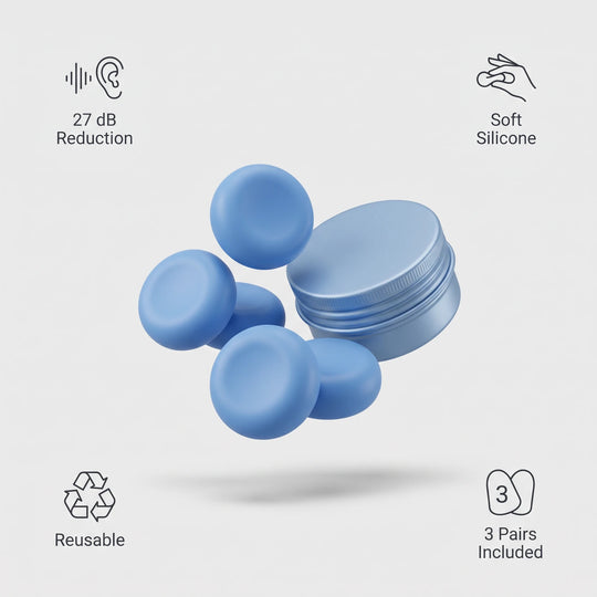 HUSD Earplugs — three pairs of blue silicone plugs with an aluminium case