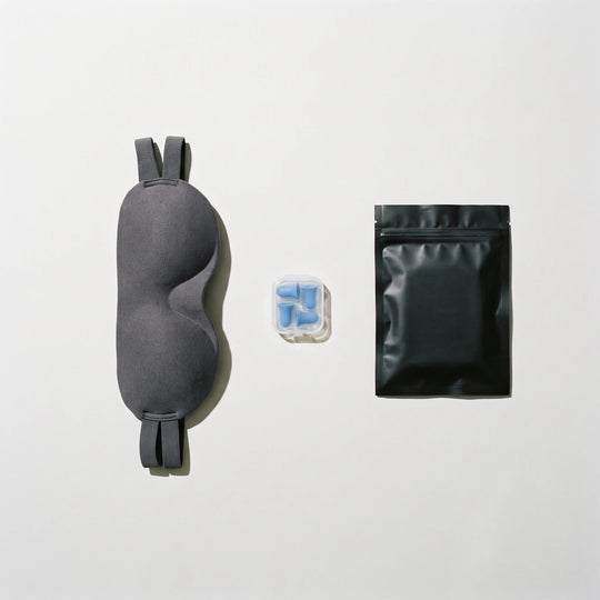 Total Blackout bundle — sleep mask, earplugs and mouth tape laid out flat