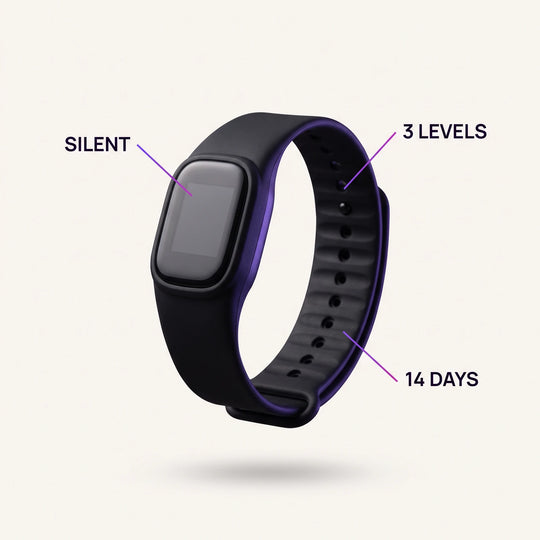 The Silent Vibration Alarm band with callouts reading Silent, 3 Levels and 14 Days