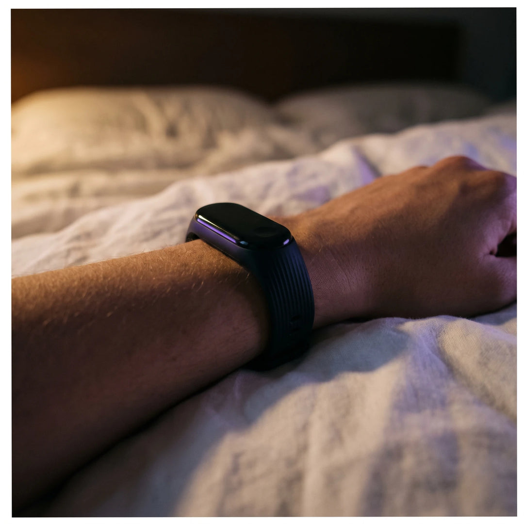 The band worn on a wrist resting on white linen in a dark bedroom