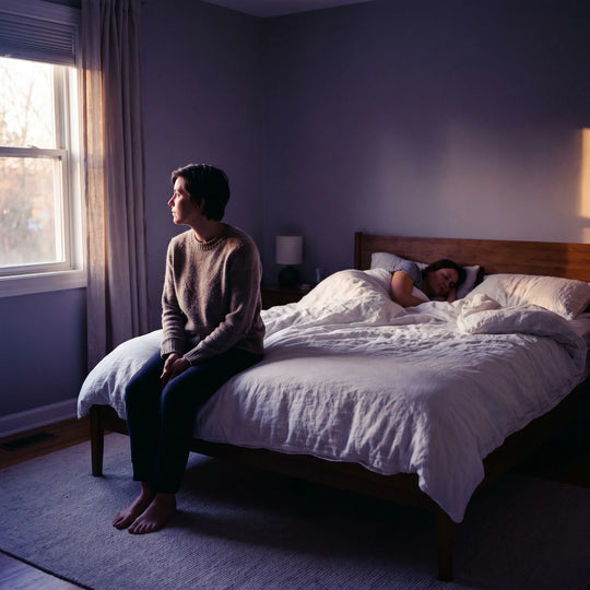 One person sitting up awake on the edge of the bed while their partner stays asleep