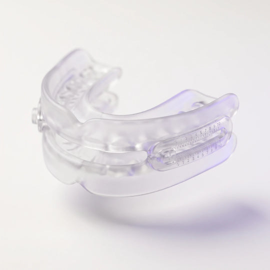 The HUSD Nightpiece in clear frosted thermoplastic, three-quarter view above an off-white surface
