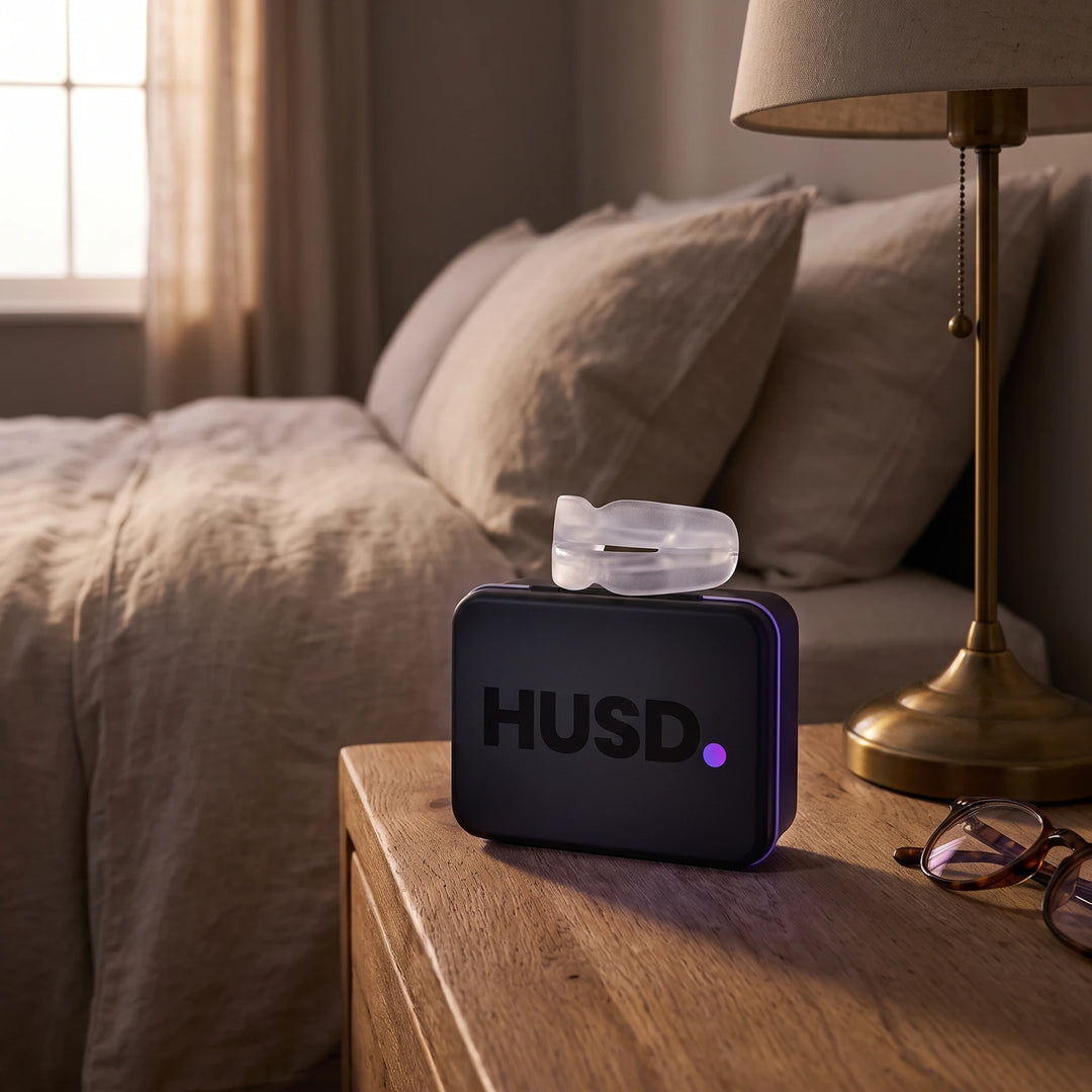 The closed HUSD case on an oak bedside table beside a lamp and reading glasses