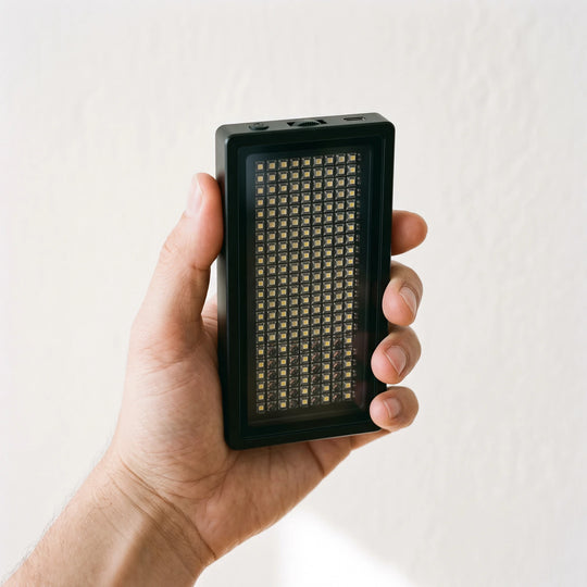 The panel held in one hand, showing it is about the size of a phone