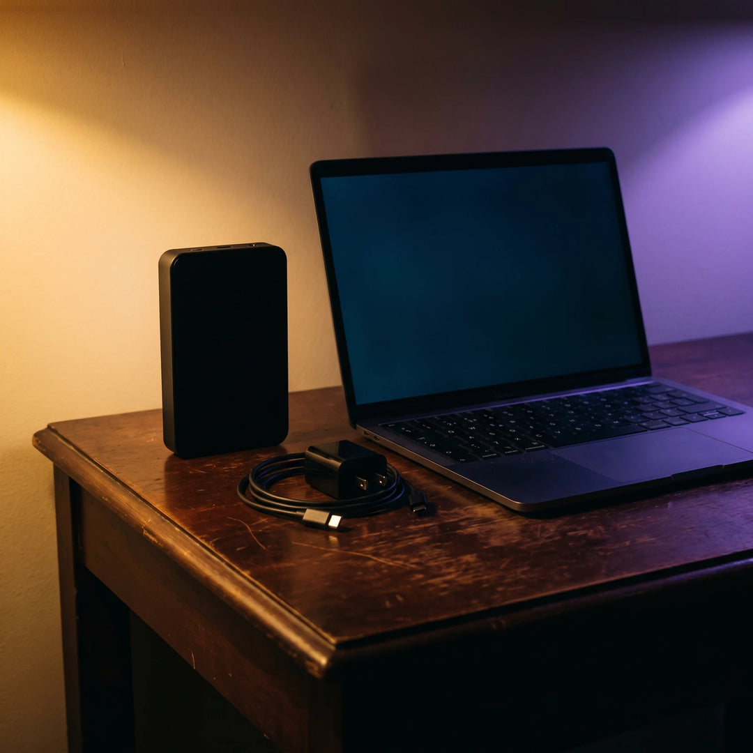 The panel standing on a desk beside a laptop in an evening room