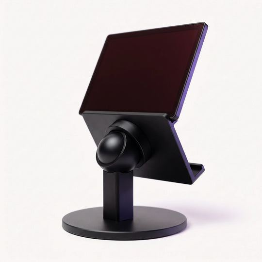 The 360 degree panel stand holding the switched-off light panel, tilted back