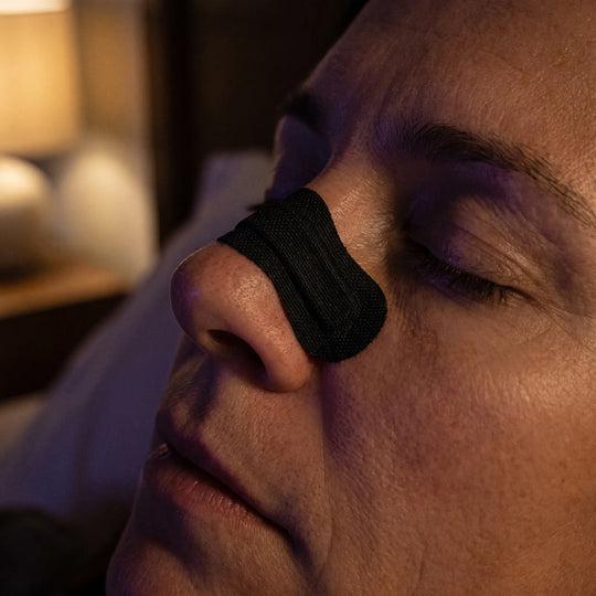 A nasal strip worn across the bridge of the nose of a sleeping person