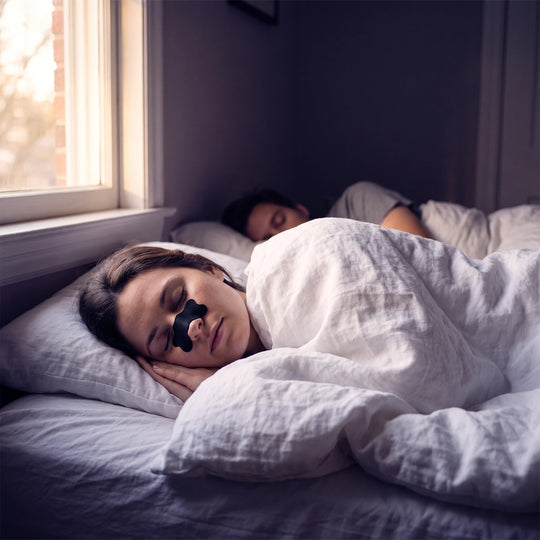 Two people asleep at dawn, the nearer one wearing a nasal strip