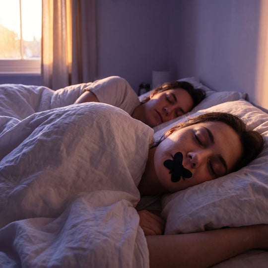 Two people asleep at dawn, the nearer one wearing a mouth strip